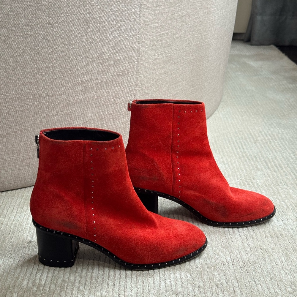 Rag & Bone Red Suede Leather Ankle Boots with Chunky Heel